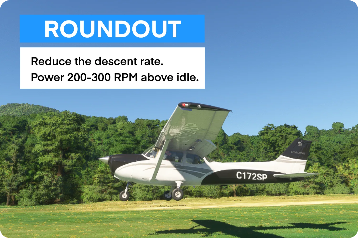 Aircraft during roundout phase landing on grass runway.