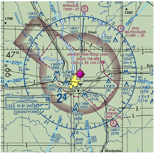 (See the figure above) You have received authorization to operate your sUAS near the towers just west of the city of Jamestown, near Jamestown Regional Airport (JMS), which radio communication frequency could be used to monitor manned aircraft flying into and out of the airport?