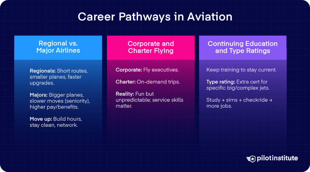 Three-column comparison: regionals vs majors, corporate/charter flying, and continuing training with type ratings.