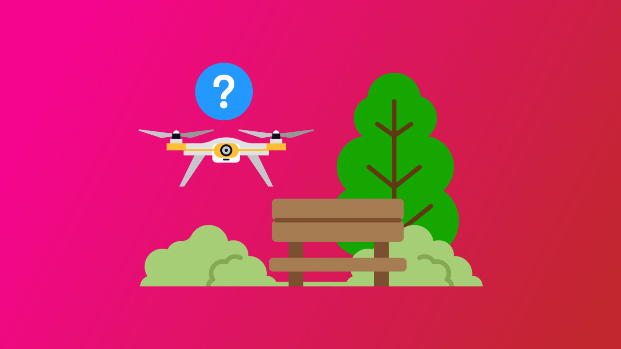 Drone hovering over a park bench with a question mark, illustrating drone rules in public parks — Pilot Institute
