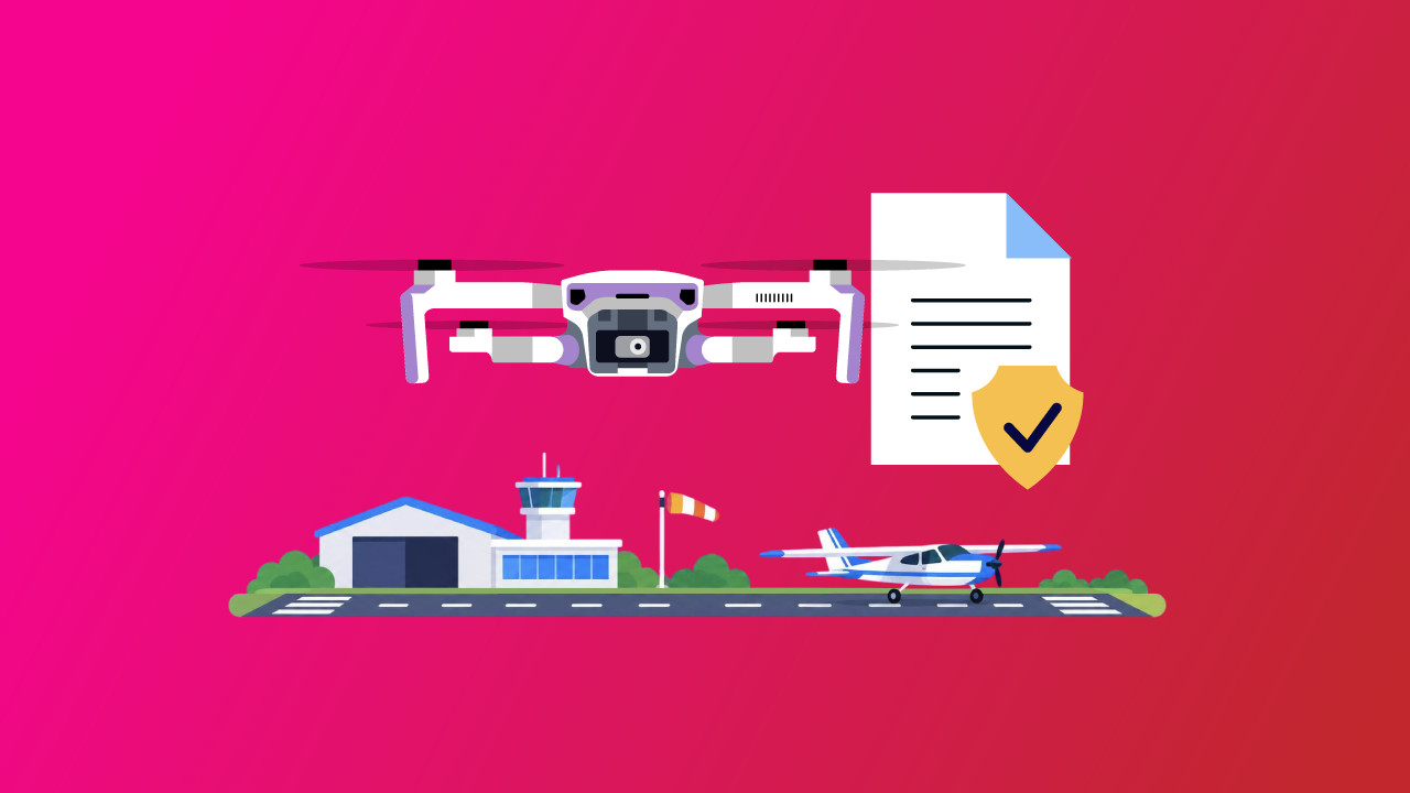 Drone flying near a small airport with control tower, windsock, and light aircraft, with an approval checkmark — Pilot Institute