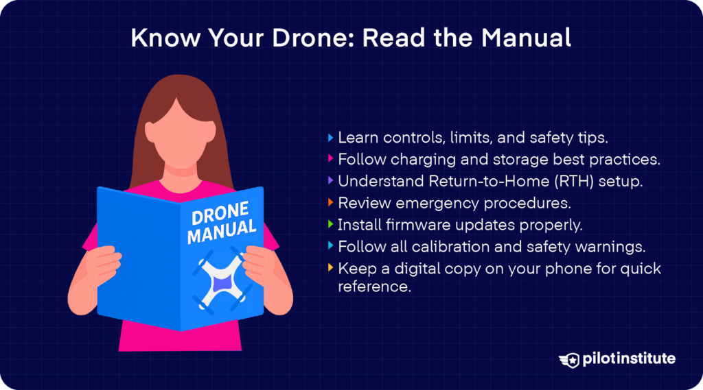 Illustration of a woman reading a “Drone Manual” with bullet-point tips emphasizing the importance of learning drone controls, safety procedures, firmware updates, and keeping a digital manual copy.