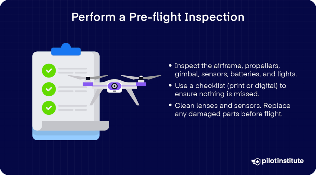 Illustration of a drone and checklist. Text advises inspecting the drone’s parts, using a checklist, and cleaning lenses and sensors before flight.