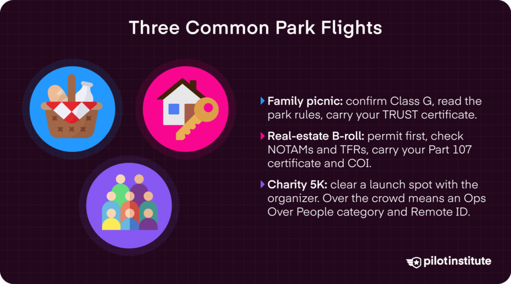 Infographic showing three common park drone flights: family picnic, real-estate B-roll, and charity 5K — Pilot Institute