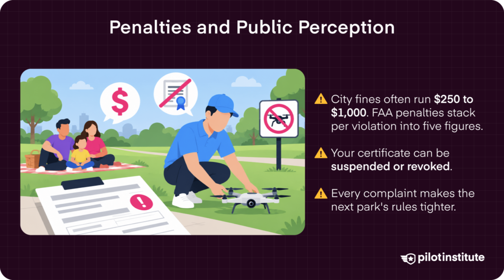 Drone penalties infographic showing city fines, FAA civil penalties, and certificate revocation — Pilot Institute