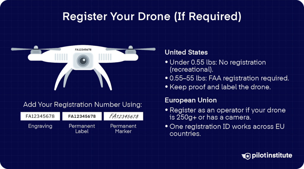 Illustration of a drone with instructions for registration in the U.S. and EU. Includes labeling options (engraving, label, marker) and notes that U.S. drones over 0.55 lbs must be registered, while EU drones over 250g or with cameras require operator registration.