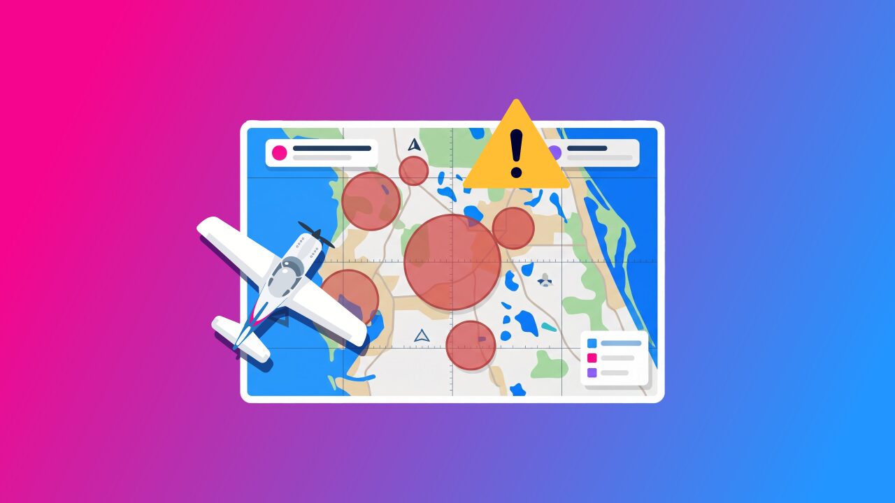 TFR explained featured image showing an airplane next to a flight map with red temporary flight restriction zones and a caution warning icon — Pilot Institute