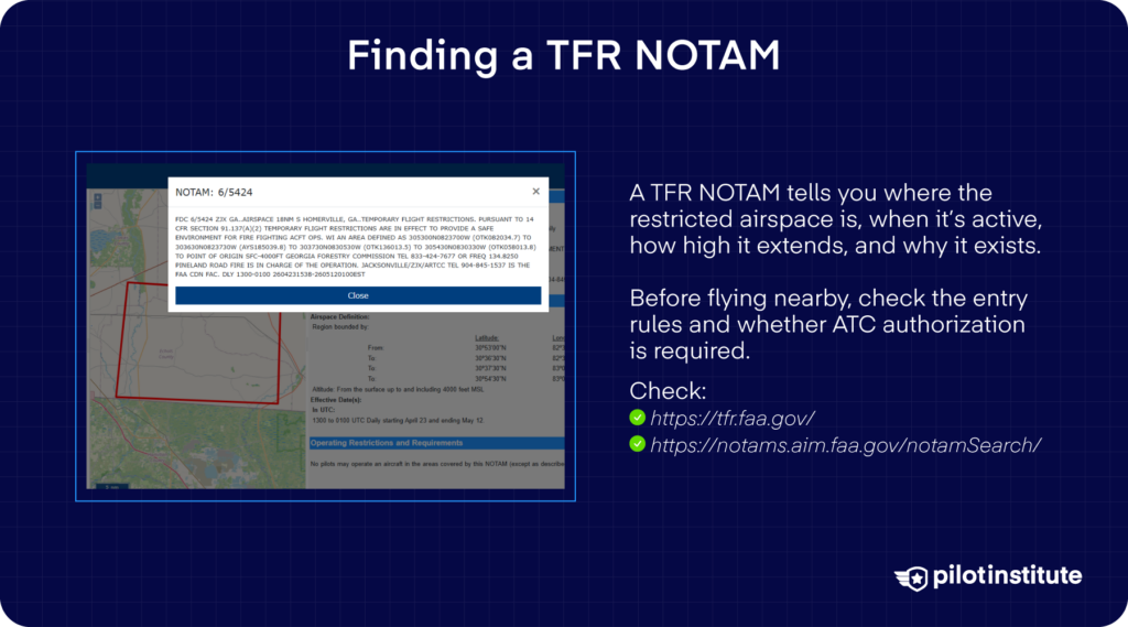 Finding a TFR NOTAM infographic showing how to read TFR details and listing official FAA websites for checking active restrictions — Pilot Institute