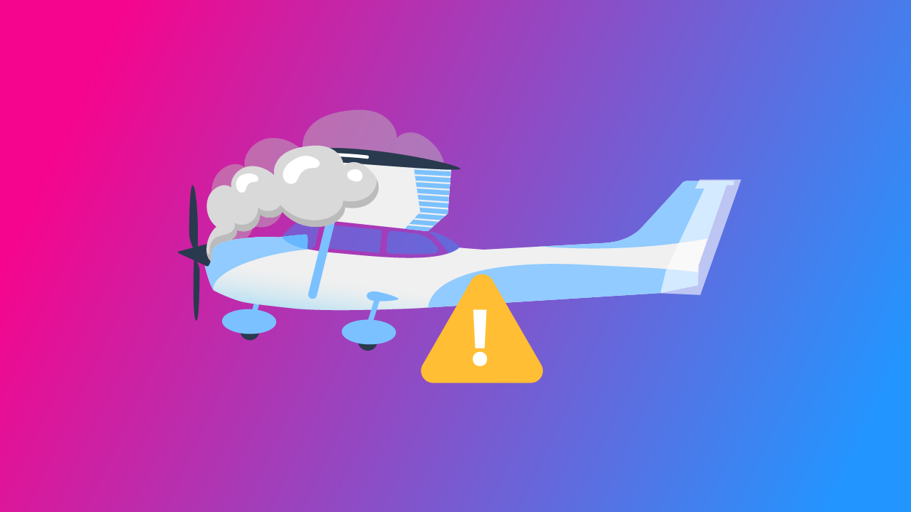 Single-engine airplane with smoke from engine and warning symbol, representing engine failure emergency.