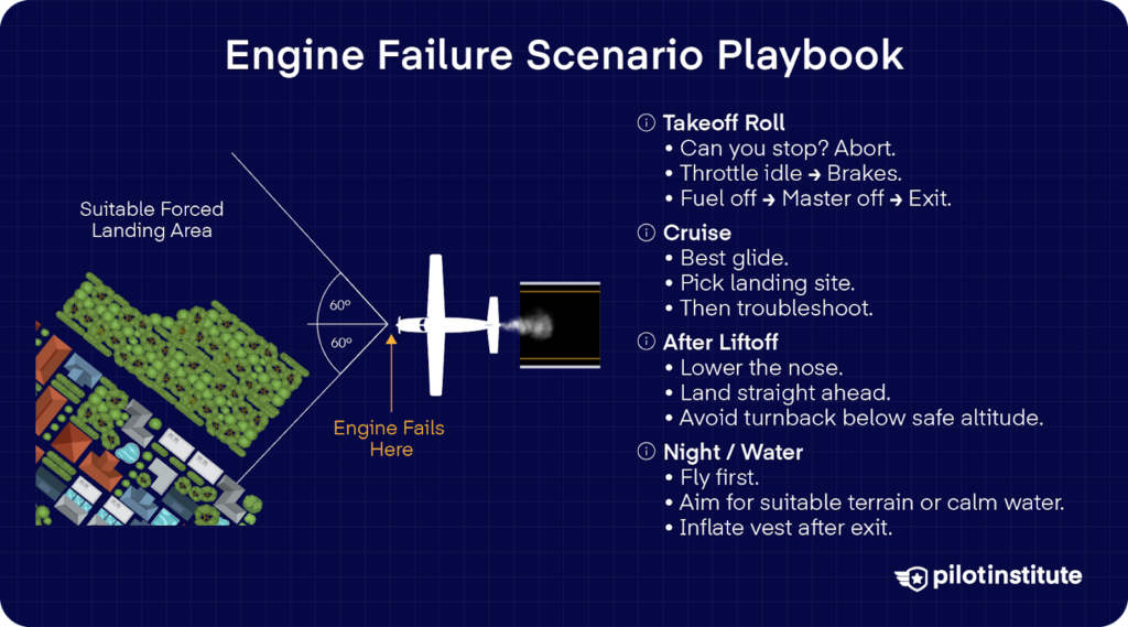 GA engine failure playbook infographic with takeoff roll abort, best glide, turnback caution, and ditching procedures.