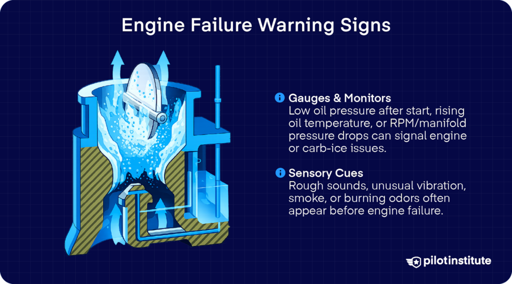 Aircraft piston engine diagram highlighting engine failure warning signs such as low oil pressure, overheating, vibration, and carb ice.