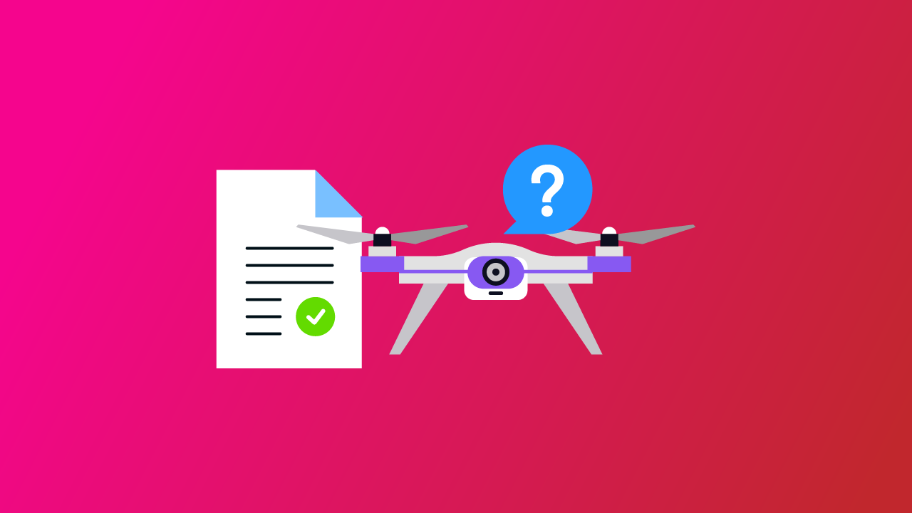 Drone registration illustration showing drone, checklist, and question icon about FAA requirements