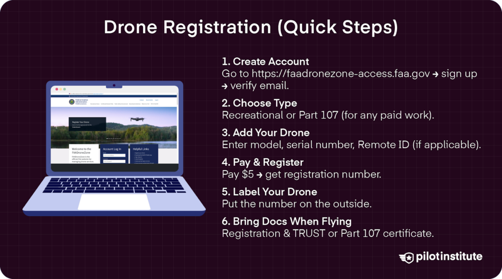 FAA DroneZone registration steps showing account setup and drone registration process
