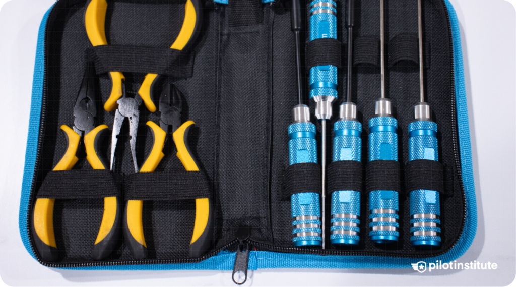Photo of a small tool kit for drone repairs.