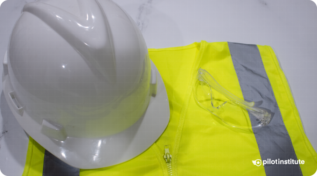 Close up photo of a safety vest, safety glasses and a hard hat.
