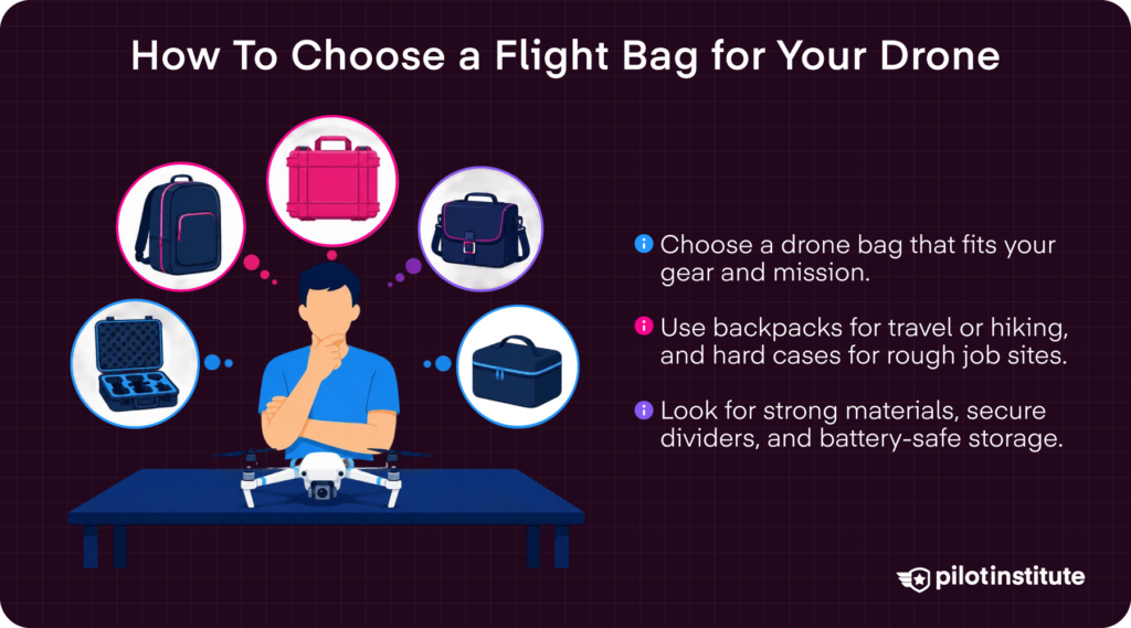 How to choose a drone flight bag infographic with tips on gear fit, bag type, and battery-safe storage — Pilot Institute
