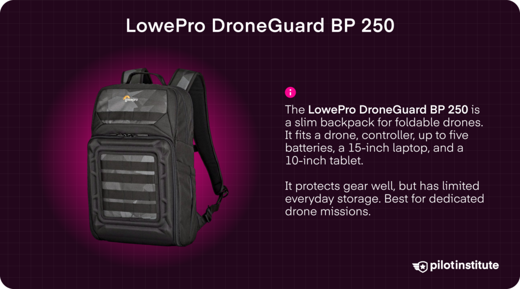 Lowepro DroneGuard BP 250 drone backpack with features including drone, controller, battery, and laptop storage — Pilot Institute