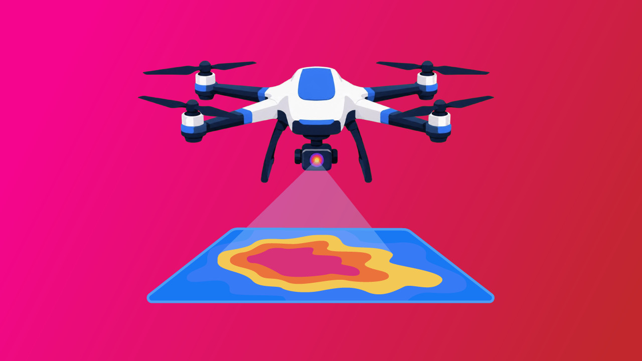 Drone thermal imaging infographic showing a quadcopter scanning a surface and producing a color heat map — Pilot Institute
