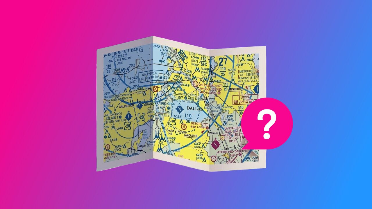 Folded sectional aeronautical chart with a pink question mark, set against a pink-to-blue gradient background.