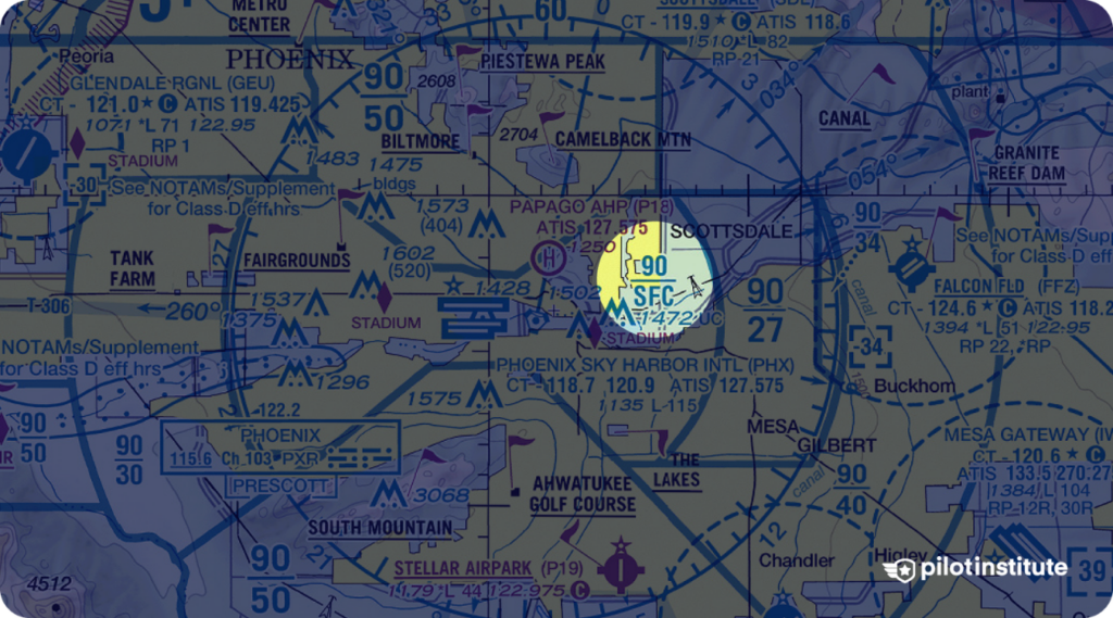 Zoomed-in sectional chart of Phoenix Sky Harbor showing detailed Class B airspace rings with altitude labels such as 90/SFC, 90/27, and 90/40.