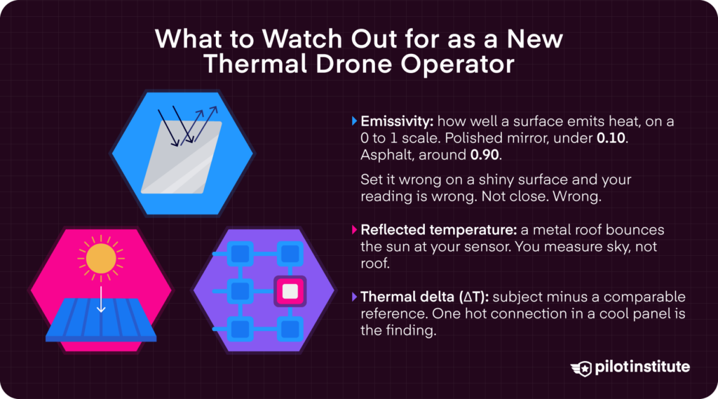 Thermal drone operator infographic explaining emissivity values, reflected temperature, and thermal delta — Pilot Institute