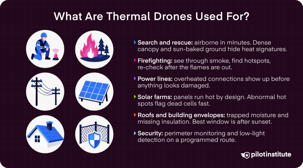 Thermal drone applications infographic covering search and rescue, firefighting, power lines, solar farms, roofs, and security — Pilot Institute
