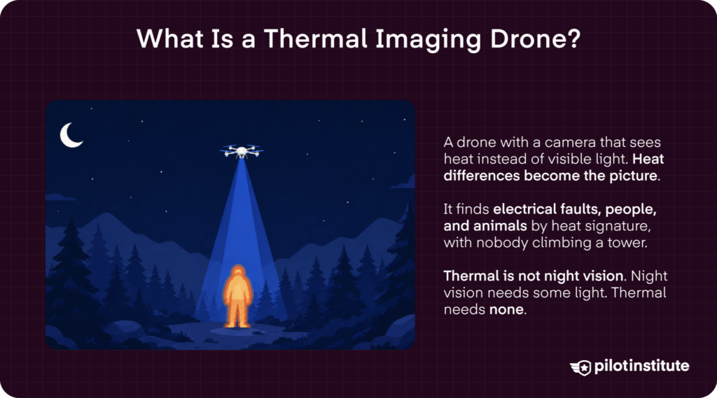 Infographic on what is a thermal imaging drone. Its a drone that sees heat instead of visible light. Illustration of a man in the woods showing heat signature.