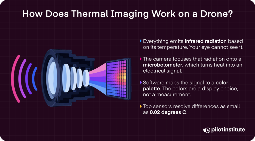How drone thermal imaging works infographic showing infrared radiation, microbolometer sensor, and color palette mapping — Pilot Institute