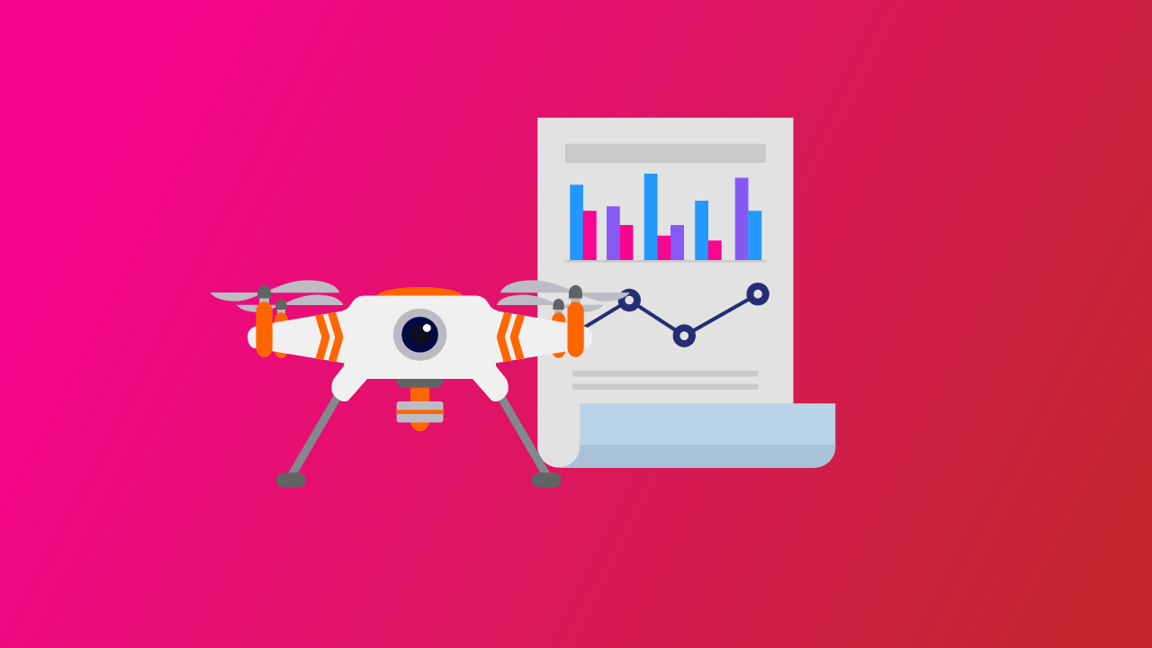 Cartoon drone with orange propellers hovering next to a screen displaying bar charts and a line graph on a pink-to-red gradient background.