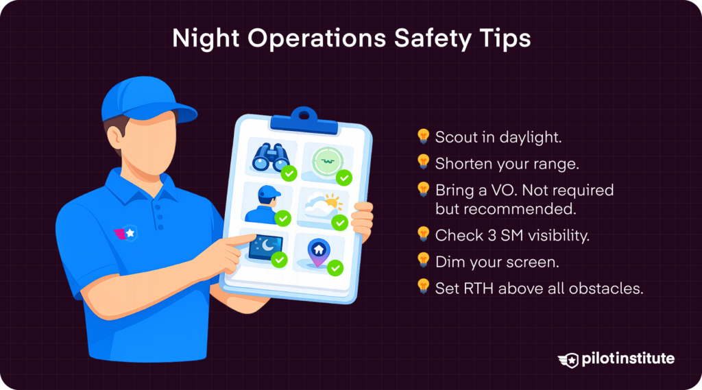 Night operations safety checklist infographic with six tips: scout in daylight, shorten range, bring a visual observer, check visibility, dim screen, and set RTH altitude.