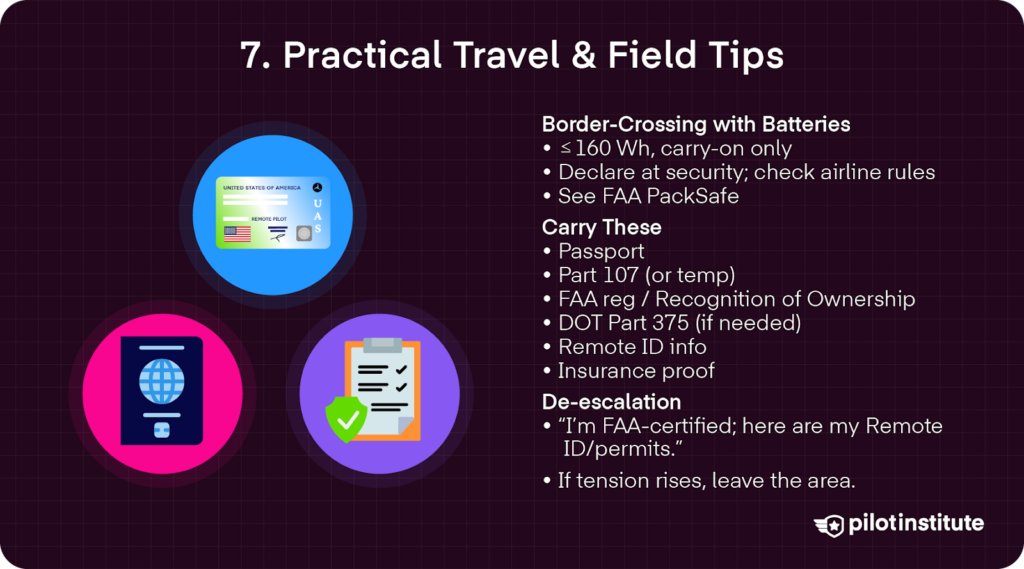 Infographic of practical travel/field tips for drone pilots: battery rules (carry-on, Wh limits), documents to carry (passport, Part 107, recognition of ownership, DOT 375, Remote ID, insurance), and de-escalation advice.