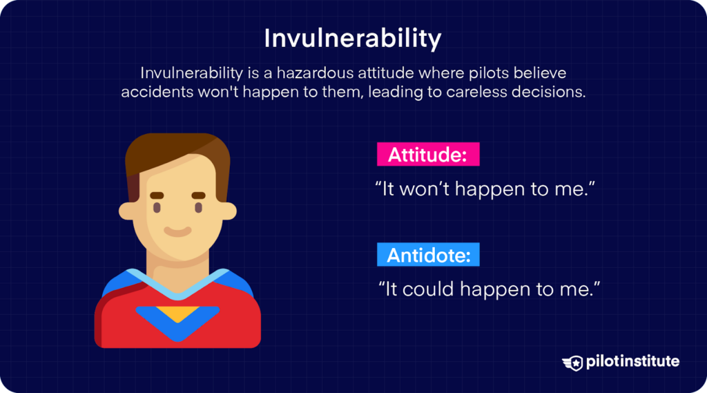 Infographic on invulnerability as a hazardous attitude in aviation, showing the attitude and its antidote.