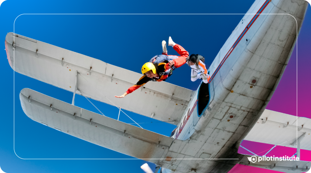 Skydivers jumping out of an aircraft mid-flight. Pilot Institute logo included.