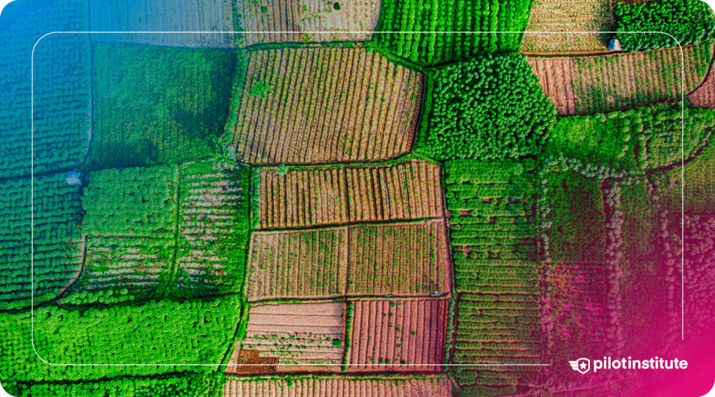 Aerial view of agricultural fields with various crops and shades of green. Pilot Institute logo included.