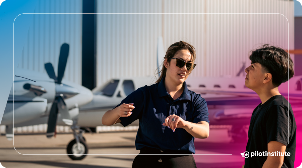 Flight instructor discussing pre-flight procedures with a student near an aircraft. Pilot Institute logo included.