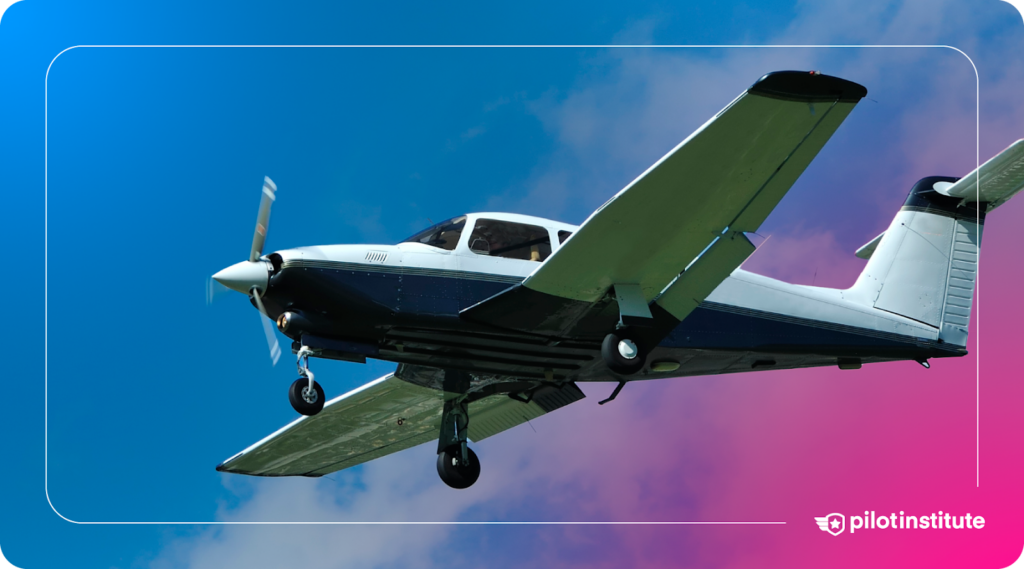 Small aircraft in flight against a blue sky with clouds. Pilot Institute logo included.