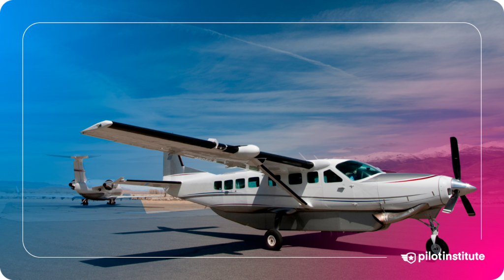 Small propeller aircraft parked on a runway with a clear sky and mountains in the background. Pilot Institute logo included.