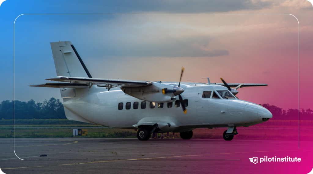 Twin-engine aircraft on a runway with a cloudy sky in the background. Pilot Institute logo included.