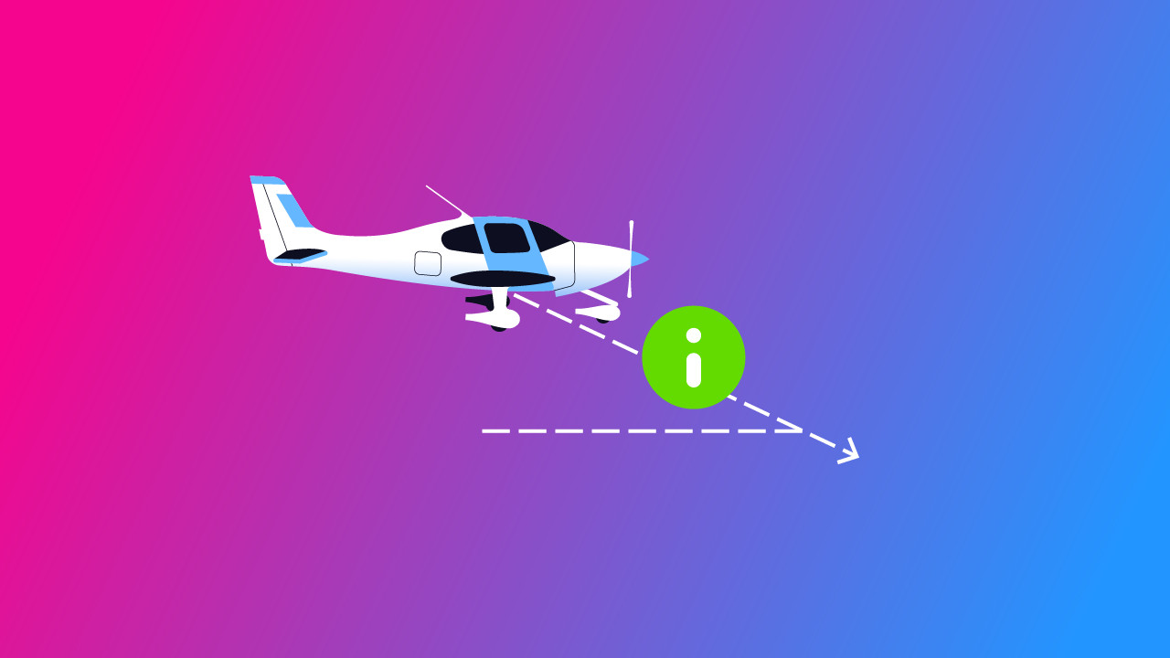Illustration of an airplane descending along a dashed flight path with a green info icon, Pilot Institute
