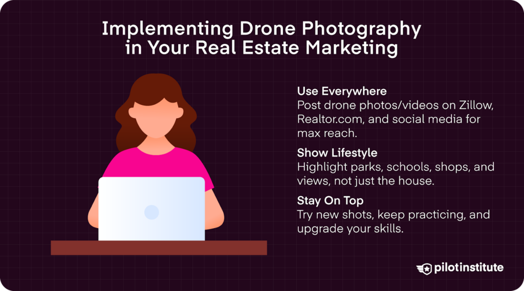 Infographic on using drone photography in real estate marketing: post on Zillow, Realtor.com, and social media; highlight lifestyle features; practice and upgrade skills.