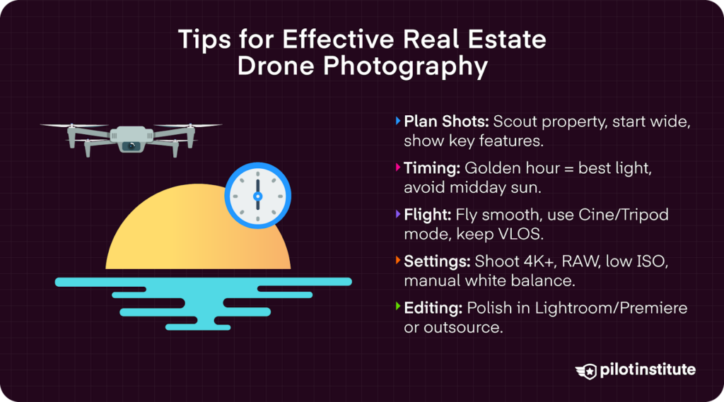 Infographic with tips for real estate drone photography: plan shots, shoot at golden hour, fly smoothly, use 4K RAW with manual settings, and edit in Lightroom or Premiere.