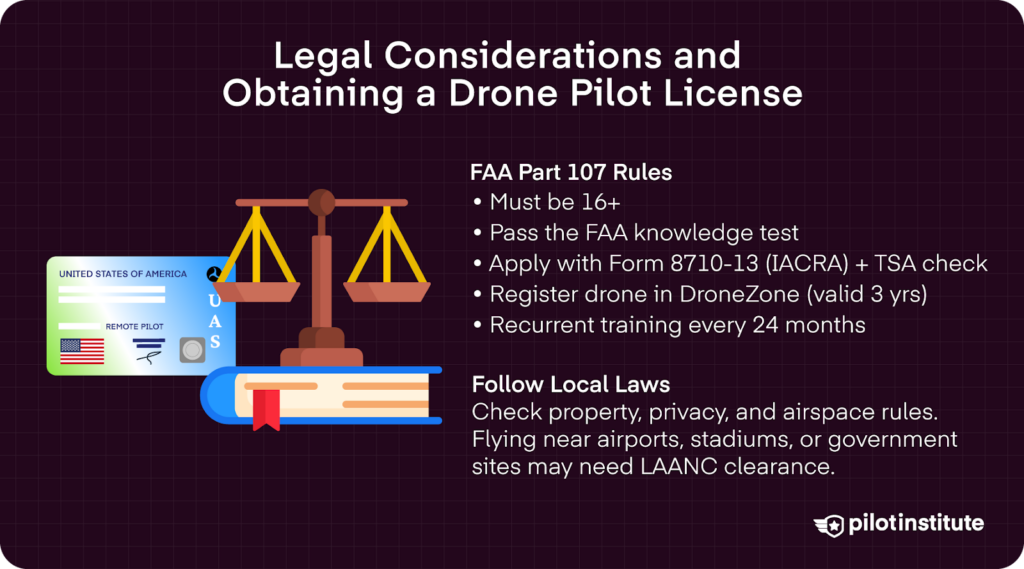 Infographic on FAA Part 107 rules: must be 16+, pass knowledge test, apply with Form 8710-13 and TSA check, register drone, and complete online recurrent training every 24 months. Reminds pilots to follow local property, privacy, and airspace laws.