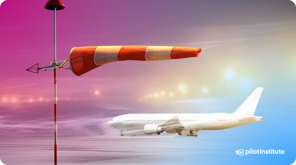 A windsock indicating wind direction with an airplane taxiing in the background.