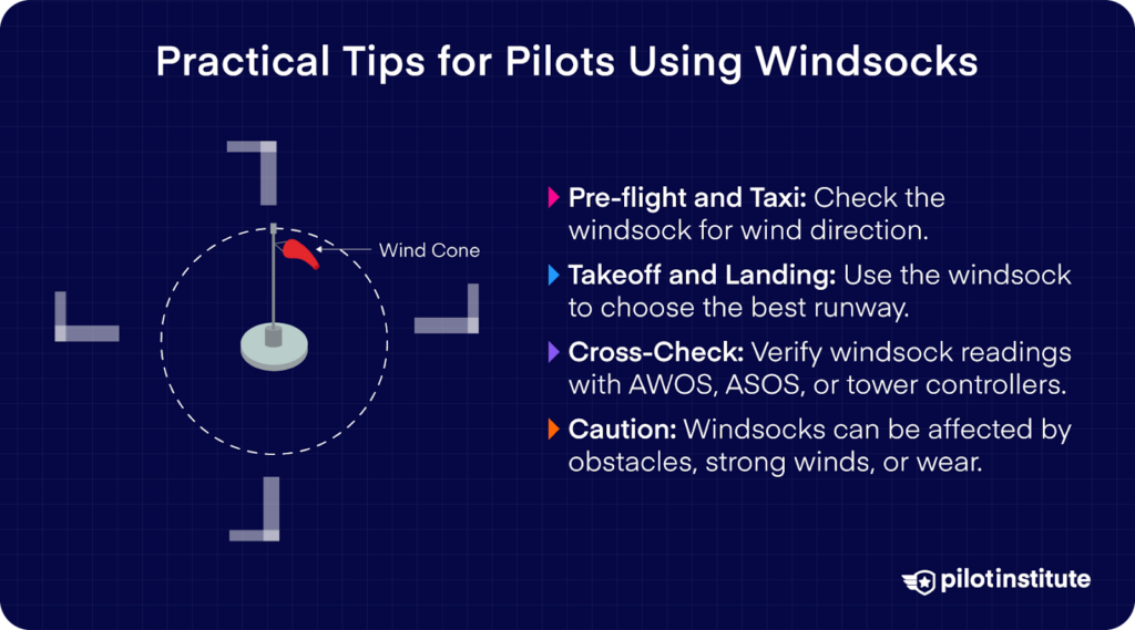 Diagram of a wind cone with tips for pilots on using windsocks for pre-flight, taxi, takeoff, and landing.