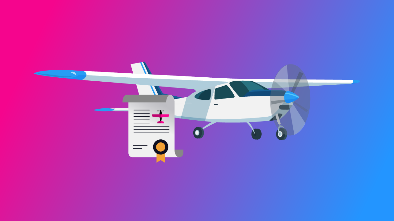 Cartoon airplane with a signed registration certificate on a pink-to-blue gradient background.