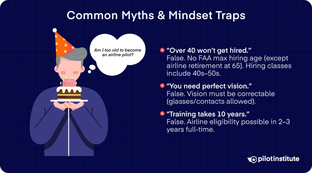 Airline pilot myths about age 40 hiring, vision requirements, and 2–3 year flight training timeline.
