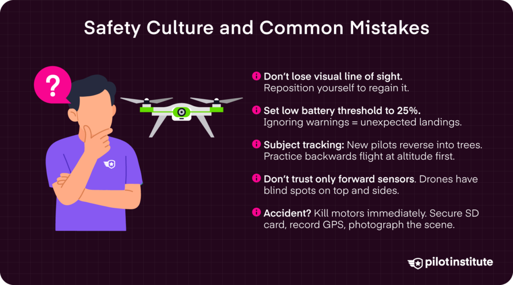 Safety culture and common mistakes infographic listing top five new-pilot errors including VLOS, battery management, sensor blind spots, and accident response — Pilot Institute