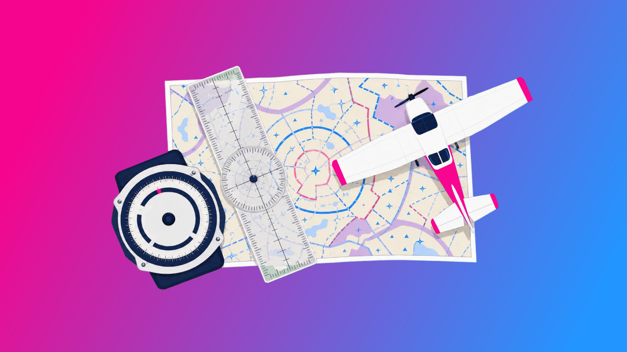 Flat-lay illustration of a sectional chart, E6B, plotter and Cessna for cross-country flight planning — Pilot Institute