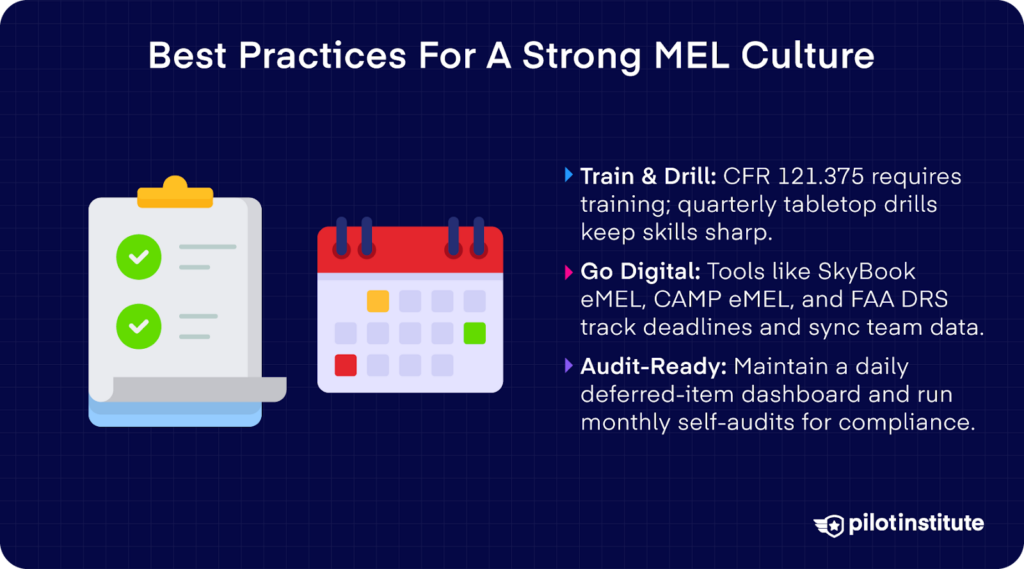 Graphic listing MEL best practices: train and drill per CFR 121.375, use digital tools for tracking, and stay audit-ready with daily dashboards and monthly self-audits.