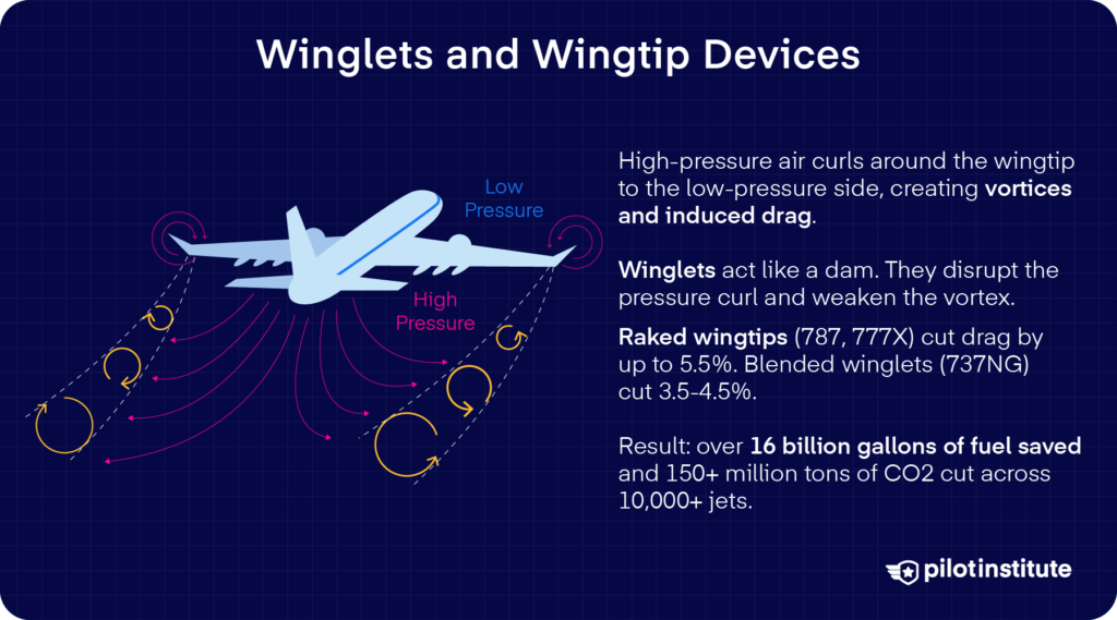 Diagram of wingtip vortices and how winglets reduce induced drag, with raked-wingtip and blended-winglet drag savings.